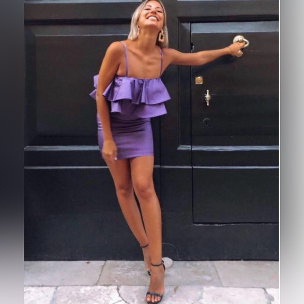 ZARA Ruffled Ruffle Metallic Thread Mini Cocktail Dress in Purple Size Small - Picture 5 of 16